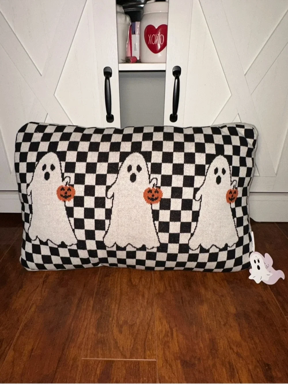Halloween Ghost with Pumpkin Checkered Throw Pillow
